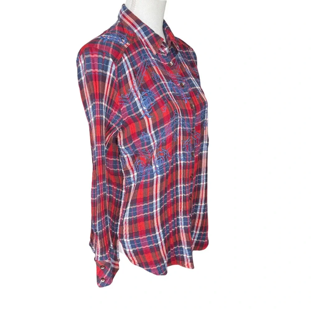 Free People Magical Plaid Embroidered Floral Button Down Shirt Small Flannel GUC